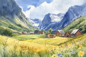 Fototapeta premium Serene Mountain Landscape with Rustic Cabins and Vibrant Nature