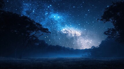 Fototapeta premium A serene starry night sky filled with twinkling stars stretches above silhouetted trees, while a rustic wooden bench in the foreground invites quiet contemplation and stargazing.
