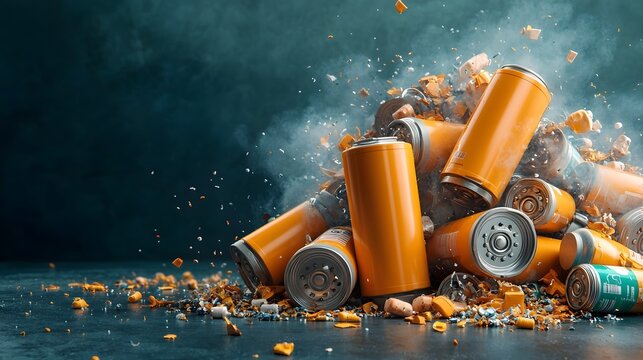A photograph showcasing a pile of used and discarded lithium ion batteries ready to undergo an eco friendly recycling process to recover valuable materials and reduce environmental impact