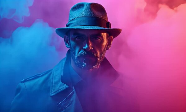 Serious man, fedora hat, smoky studio, mysterious portrait, film noir style