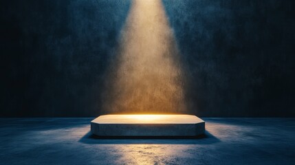 Illuminated Platform in Modern Dark Room - A single, subtly textured, light gray platform sits center stage, bathed in warm yellow spotlight against a dark