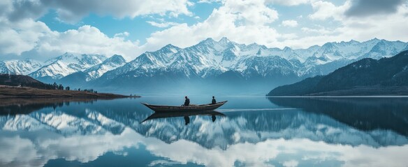 A small boat carrying people on a serene lake with mountains