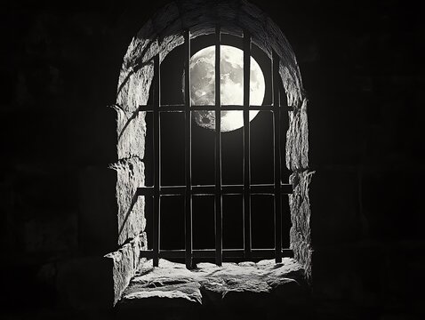 A full moon shines through the bars of a window