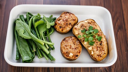Baked Stuffed Eggplants with Greens in a White Rectangular Dish