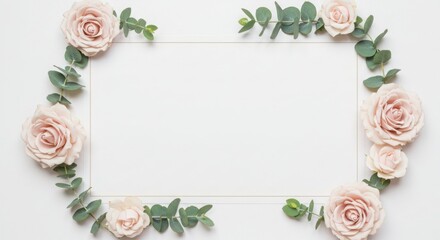 "A delicate white floral frame with soft pastel roses and eucalyptus leaves, surrounding a blank white space in the center, minimalist and elegant."