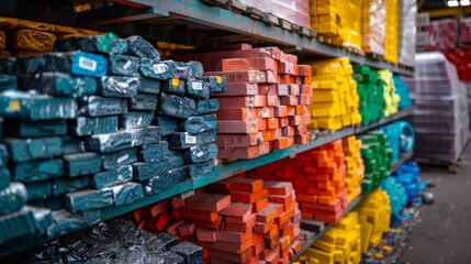 Brightly colored blocks of building materials are neatly arranged on shelves in a construction supply warehouse, showcasing shades of blue, green, red, and yellow under natural light.