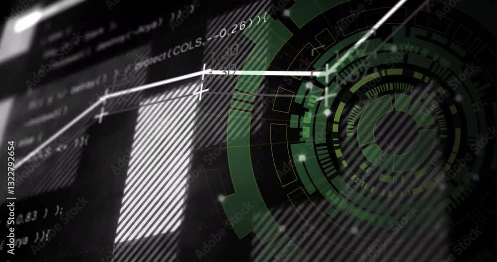 Poster animation with coding and geometric patterns in green and black interface
