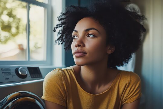 Thoughtful young woman gazing out of a window in a cozy laundry room, sunlight illuminating her features