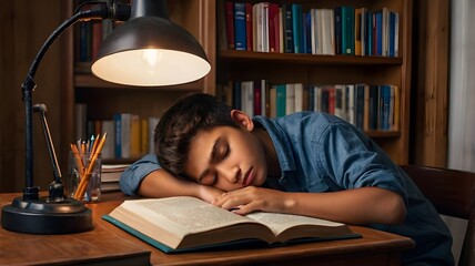 exhausted teenager falling asleep while studying late at night in a dimly lit library