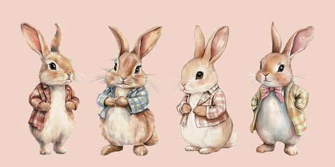 Easter Fashion Bunnies: Stylish Vector Illustration with Editable Elements and Four Outfits
