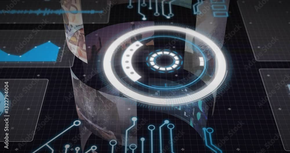 Poster in school, animation showing futuristic digital interface with holographic display