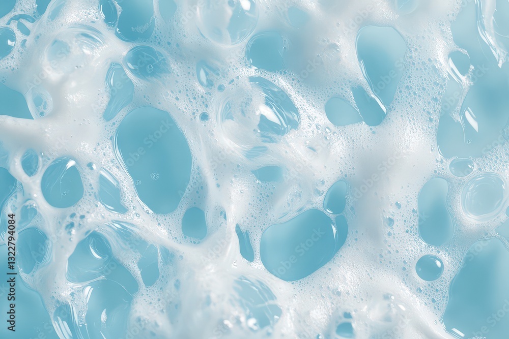 Poster close-up view of frothy bubbles on a light blue background, creating a soothing and clean atmosphere