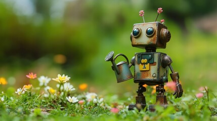Vintage Robot Figurine Watering Flowers in a Lush Green Garden