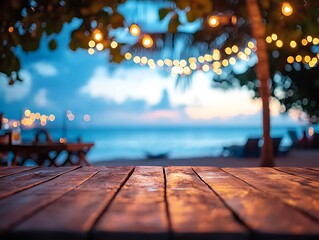 Cozy scene with a wooden table and bokeh lights from a beach cafe in the backdrop