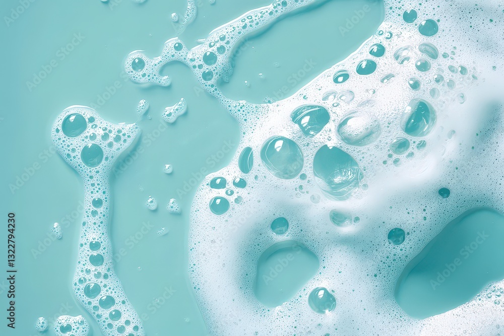 Poster close-up of turquoise soap bubbles on a smooth surface, creating a calming and clean aesthetic