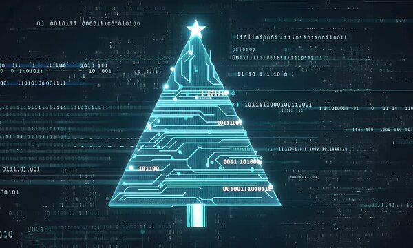 A digital Christmas tree design made of circuit patterns and binary code, symbolizing technology and festivity.