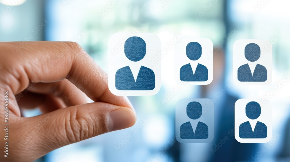 Poster hand holding connection symbol, button with people group representing teamwork and unity