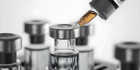 Sterile Syringe Preparing to Inject Vaccine into Transparent Ampoule in a Modern Laboratory Setting