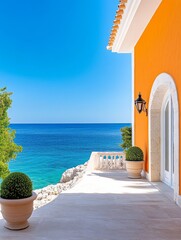 Fototapeta premium Mediterranean Orange Villa Ocean View Terrace - Luxury coastal villa, orange walls, ocean view, tranquil setting, elegant design. Symbolizing: serenity, luxury, escape, beauty, Mediterranean lifestyle