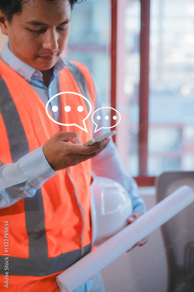 Aufkleber social media an engineer working on site using smartphone typing live chat chatting on application c