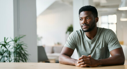 Obraz premium Young african male sitting at table indoors with thoughtful expression