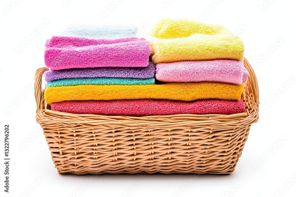 Poster a vibrant assortment of neatly stacked towels in a wicker basket, showcasing colors and textures