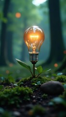 Futuristic lightbulb sprouting in forest, global illumination , technology, innovation