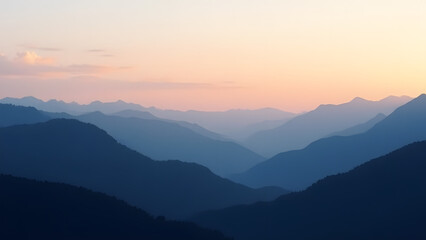 Obraz premium A stunning mountain range at sunset, with layers of peaks and a pastel sky of oranges, pinks, and blues, evoking tranquility and the majestic beauty of nature.
