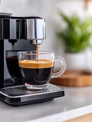 Modern Coffee Maker Brewing Espresso - A modern coffee maker brews fresh espresso into a glass cup. The symbolizes: morning ritual, energy boost, delicious coffee, home comfort, and modern technology