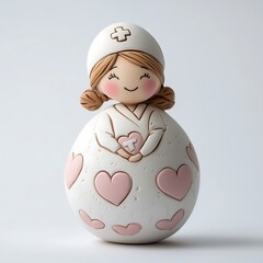 A figurine depicting a nurse holding a heart in white and pink