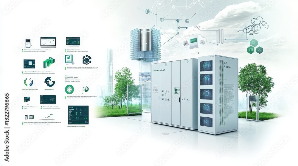 Poster data center building infographic concept. cutting edge data center powered by innovative green techn