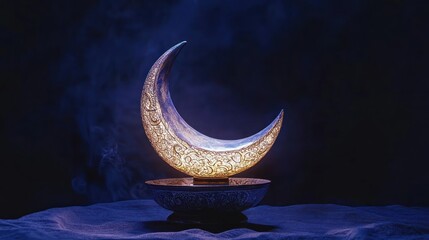 A crescent moon lamp sits on a decorative bowl over a table