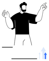 Man with bold gestures next to upward-pointing arrows representing growth, progress, ambition, and achievement. Ideal for business, leadership, motivation, education, self-improvement career