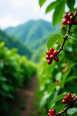 Fototapeta premium Lush green coffee plantation, ripe red coffee cherries on branches , robusta, harvest