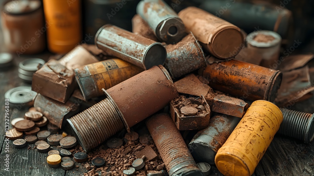 Poster closeup of recovered metals such as lithium and cobalt from discarded batteries neatly arranged on a