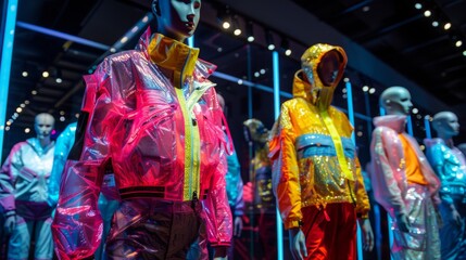 Fototapeta premium Stylish, reflective jackets hang on mannequins in a vibrant showroom, illuminated by neon lights. This captivating display showcases modern fashion trends in evening attire.