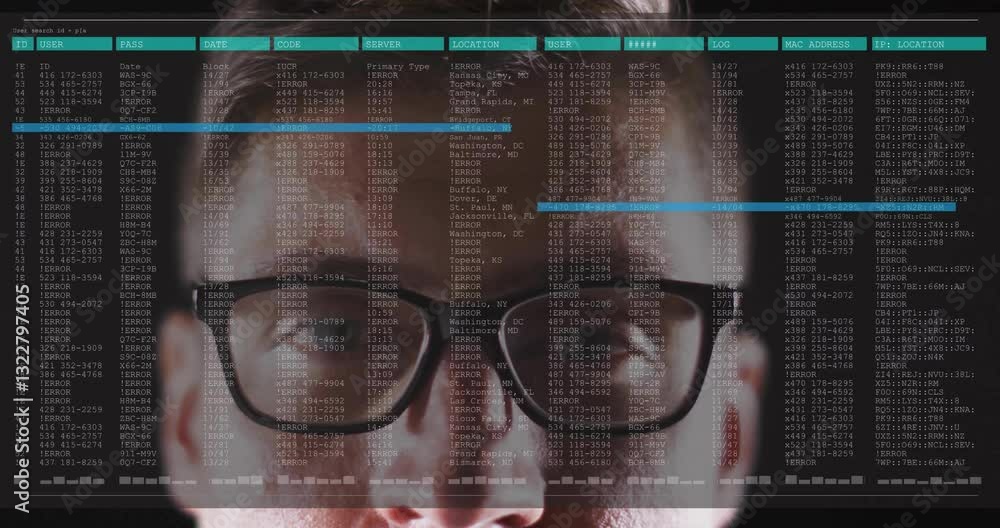 Poster wearing glasses, person viewing animation of computer code and data on screen