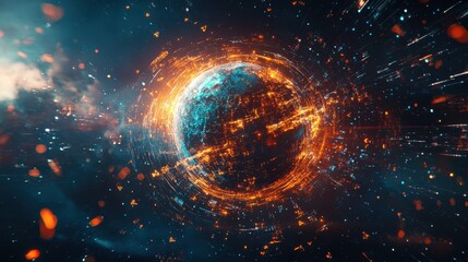 Obraz premium A mesmerizing digital artwork depicting a vibrant planet enveloped in swirling energy, showcasing a futuristic and dynamic scene.