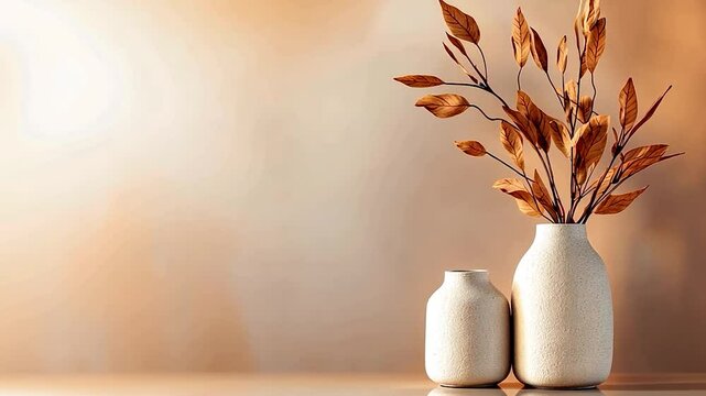 Two elegant vases with dried leaves against a soft, warm-toned background, creating a serene atmosphere