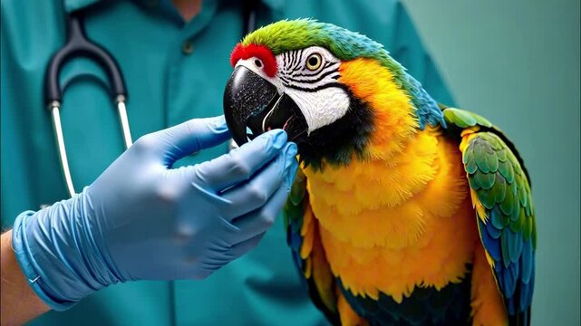 Veterinarian feeding parrot with careful hand in vibrant clinic environment