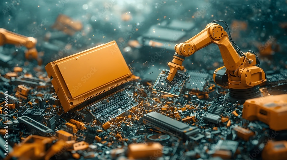 Poster robotic arms efficiently sorting old computer components for recycling at a high tech facility with 