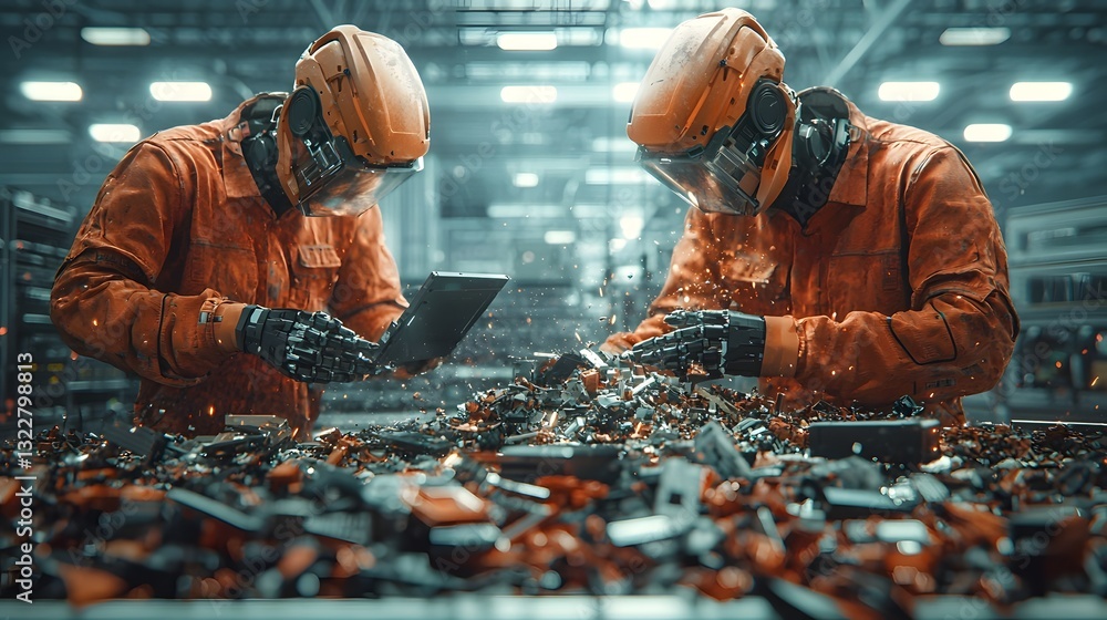 Poster a photograph depicting robotic arms efficiently sorting and processing old computer parts for recycl