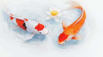 An exquisite and elegant digital painting of a koi fish from a top view.
