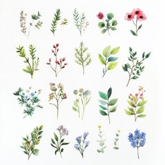 Soft Watercolored Botanical Elements Featuring Various Plants and Flowers