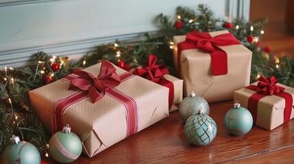 Retro inspired Christmas gift wrapping scene featuring carefully arranged presents ribbons ornaments and a nostalgic festive ambiance