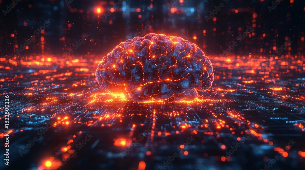 Poster A vibrant, glowing brain-like structure sits amidst a digital landscape filled with interconnected lines and nodes, symbolizing quantum computing, neural networks, and complex algorithms.