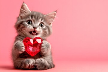Savannah - my beloved cat. Cute savannah baby feline with diamond red heart - emblem of love, funny greeting card. Commercial artwork. Valentine's day card cat. Romantic valentine poster.