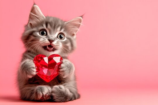 Savannah - my beloved cat. Cute savannah baby feline with diamond red heart - emblem of love, funny greeting card. Commercial artwork. Valentine's day card cat. Romantic valentine poster.
