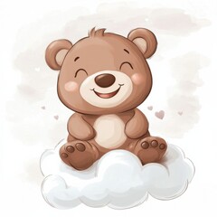 Obraz premium Sweet Little Animal Character Bear Sitting on Cloud with Hearts