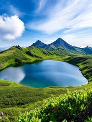 Fototapeta premium Serene Mountain Lake and Peaks - Breathtaking view of a pristine mountain lake nestled amidst lush green hills and majestic volcanic peaks under a vibrant blue sky